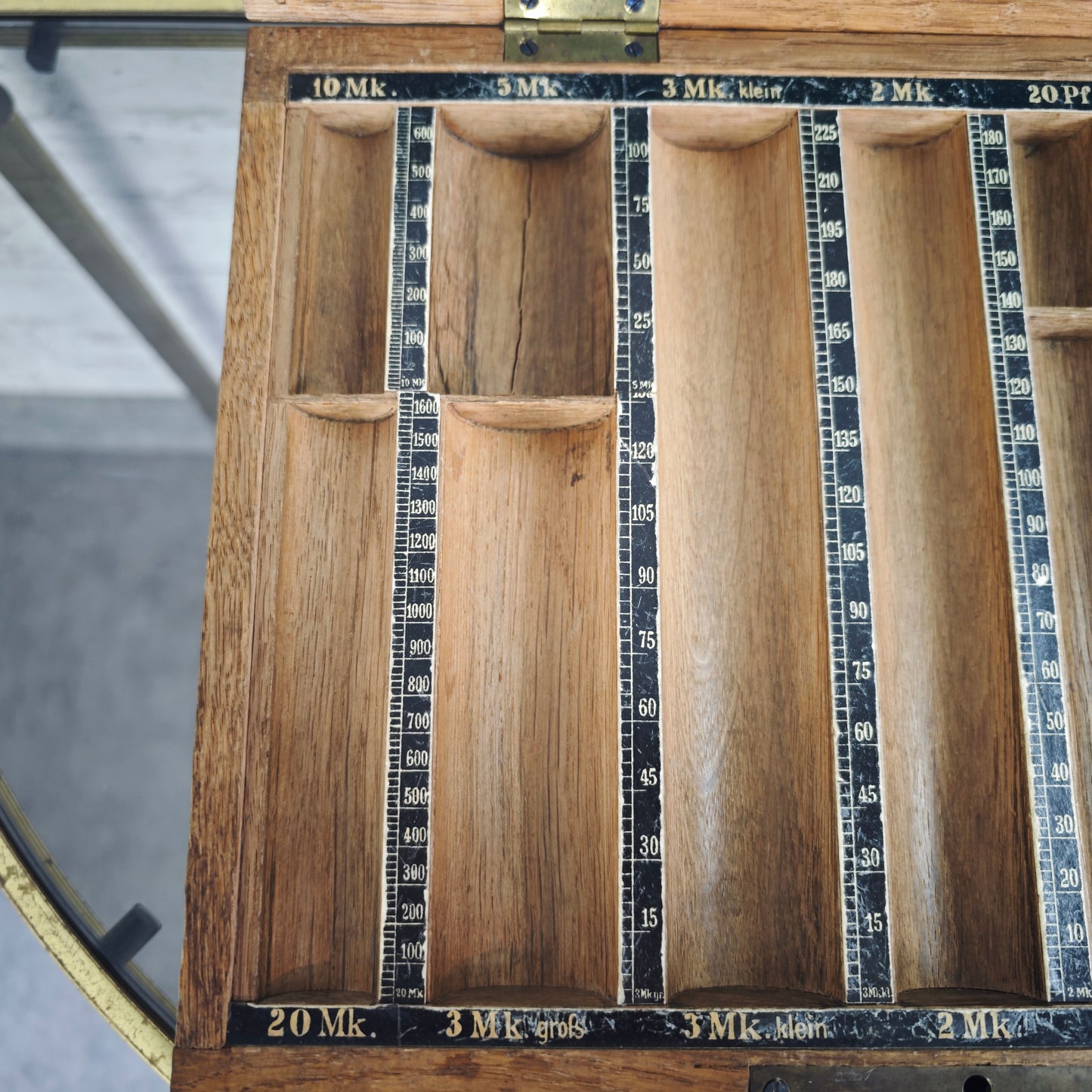 Stiebel Geld Zähl Cassette Nr 11 antik Holz Messing Zählbrett Kasse Münzkassette Sammler Stück
