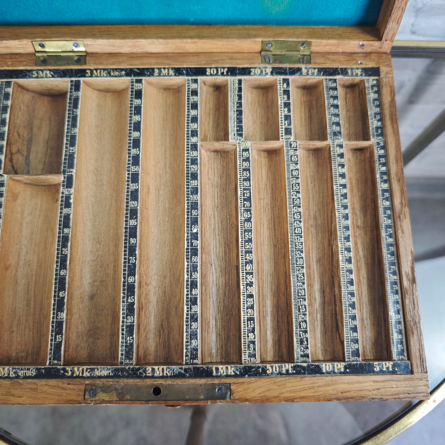Stiebel Geld Zähl Cassette Nr 11 antik Holz Messing Zählbrett Kasse Münzkassette Sammler Stück