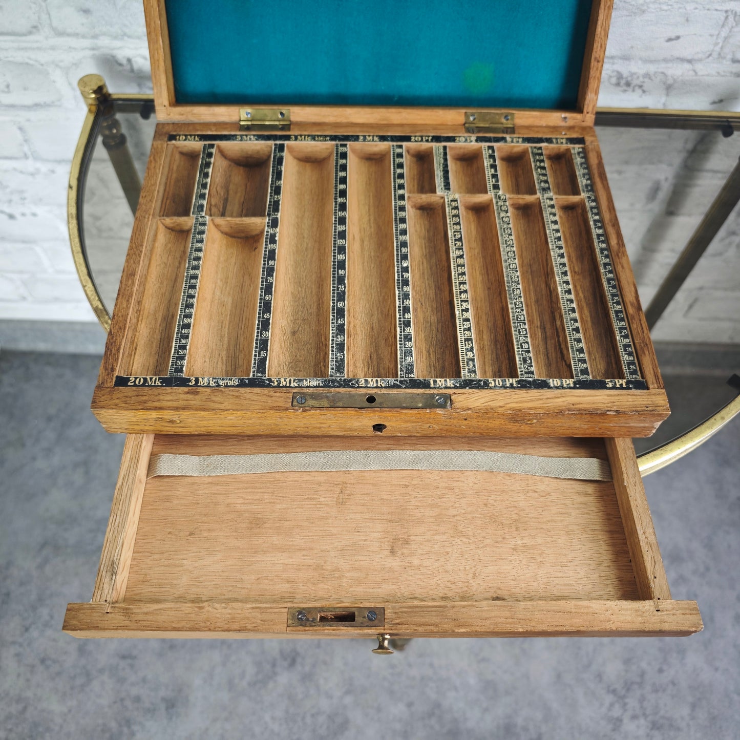 Stiebel Geld Zähl Cassette Nr 11 antik Holz Messing Zählbrett Kasse Münzkassette Sammler Stück