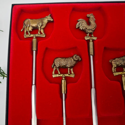 6x shashlik skewers grill skewers metal with animal figure cow sheep rooster wild boar partridge fish punch fondue