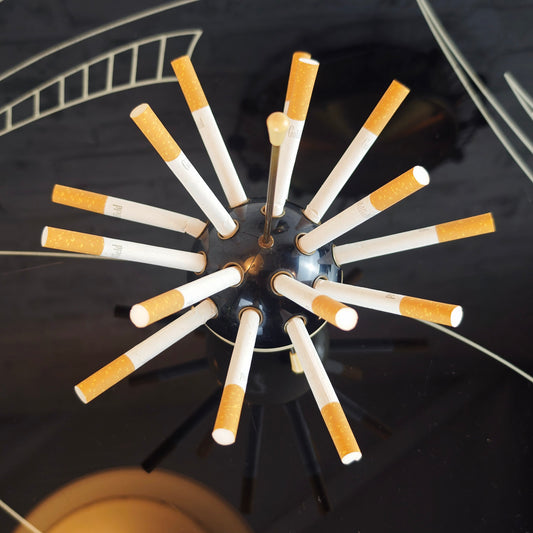 Sputnik Zigarettenhalter Kugel schwarz weiß Tripod Space Age Midcentury 50er Jahre