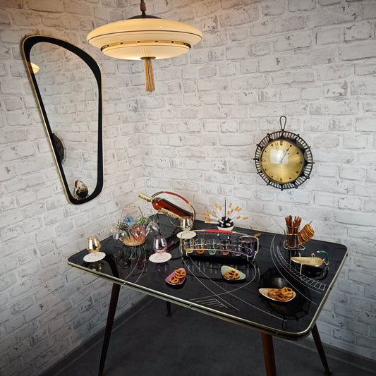 Midcentury Tisch 50er Jahre schwarz gold Glasplatte mit Muster abnehmbaren Beinen Sputnik Rockabilly Retro