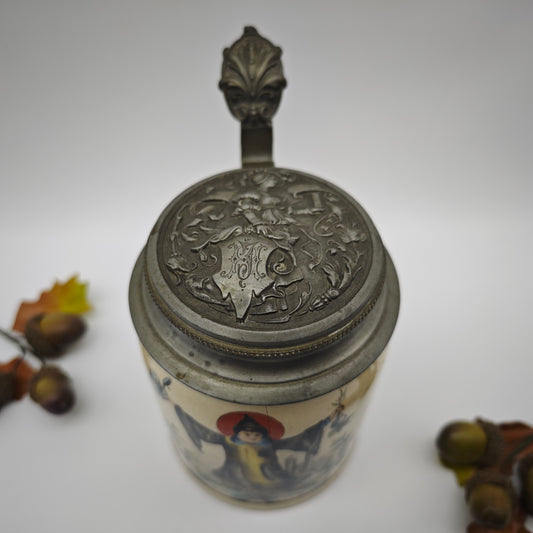 Antiker Bierkrug Münchner Kindl handbemalt Zinndeckel Monogramm JH