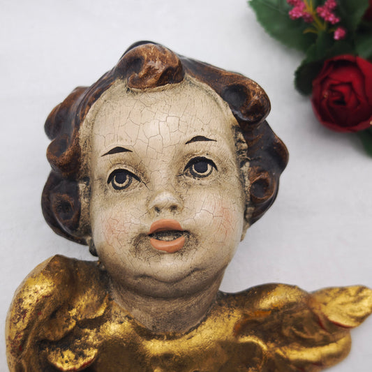 Antike Putte aus Holz vergoldet braun weiß Barock Engel Wandfigur Dekoration Vintage Wanddeko