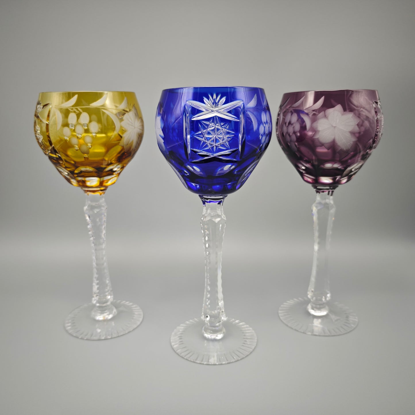 Annahütte Kristallglas Set 3 Römergläser bunt blau gelb lila Traubenschliff Weinlaub Traube Sternschliff Vintage