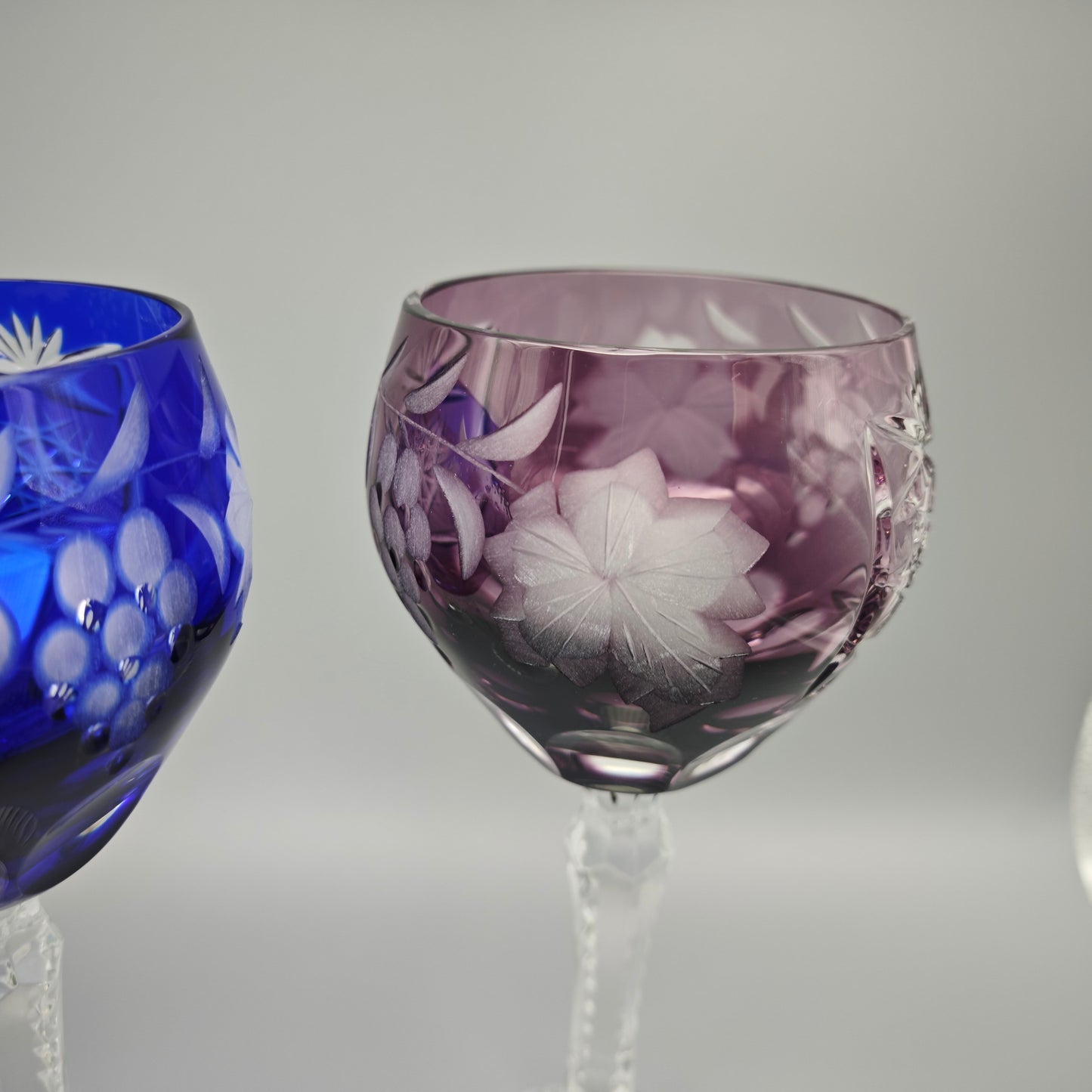 Annahütte Kristallglas Set 3 Römergläser bunt blau gelb lila Traubenschliff Weinlaub Traube Sternschliff Vintage