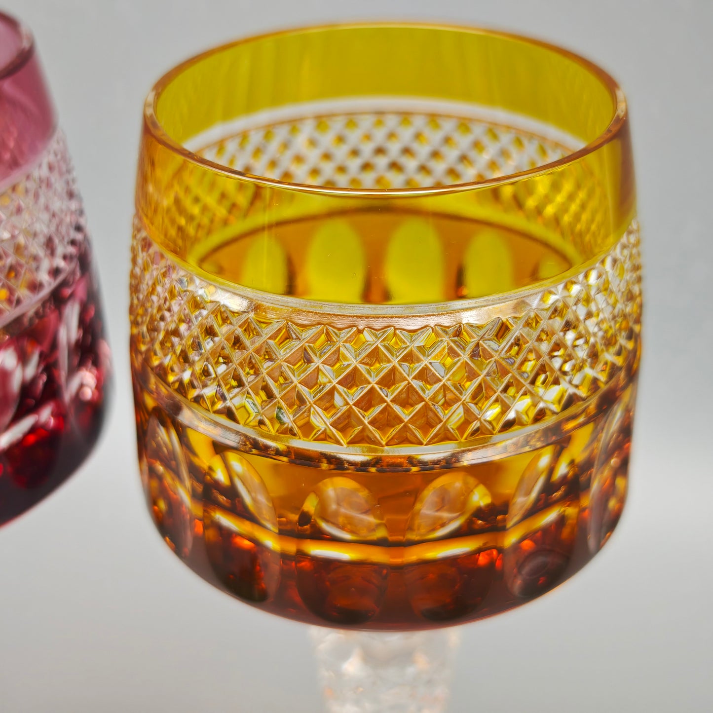 Kristallglas Set 2 Römergläser rot gelb geschliffen Vintage Bleikristall edle Weingläser Tafelglas