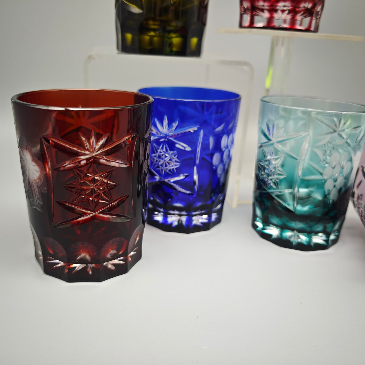 6x Kristallglas Whiskey Tumbler Trinkglas bunt geschliffen Trauben Schliff Stern Vintage Barset