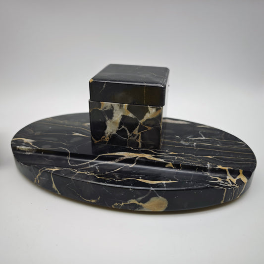 Art Deco Schreibtischgarnitur schwarzer Marmor Tintenfass Löschwiege Stiftablage 1930er Schreibset