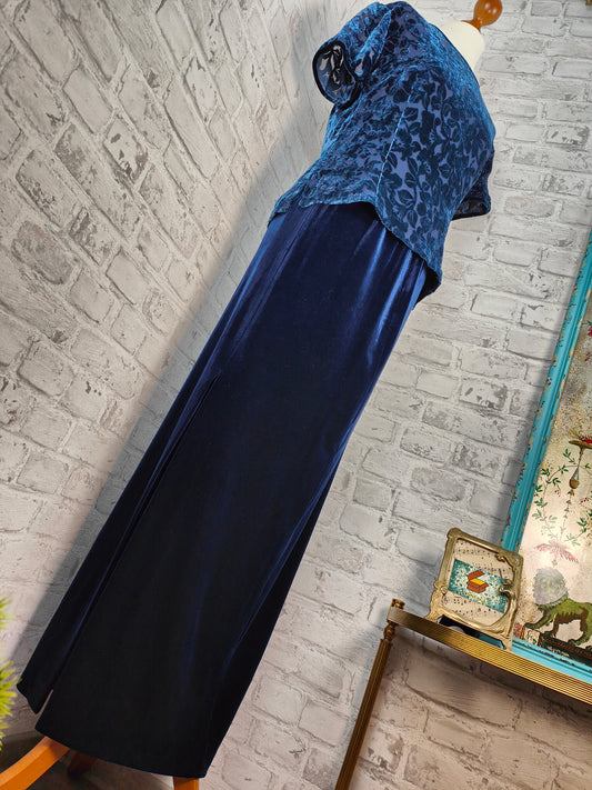 2-piece outfit set midnight blue velvet maxi skirt & top top burnout velvet floral pattern clothing combination silk velvet navy royal blue gothic complete look combinable set