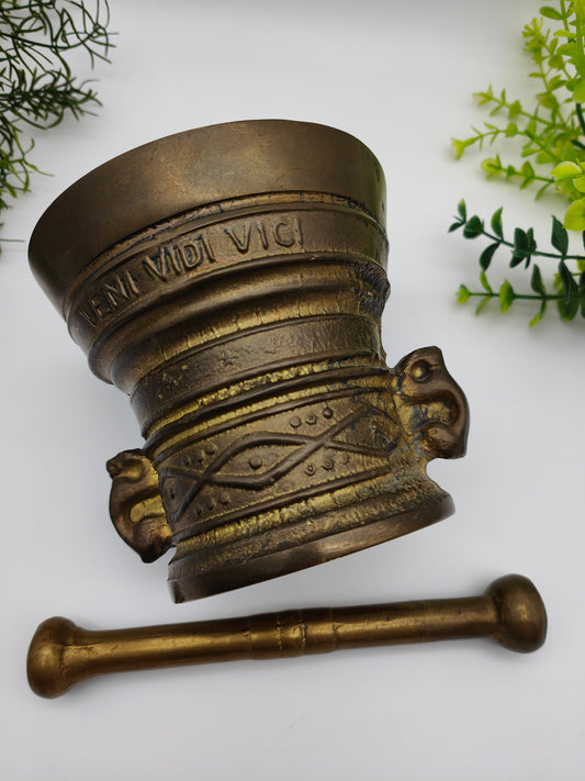 Mortar with pestle inscription Latin brass pharmacy witch potion decoration cauldron herbs Wicca country house cottagecore academia witchcore