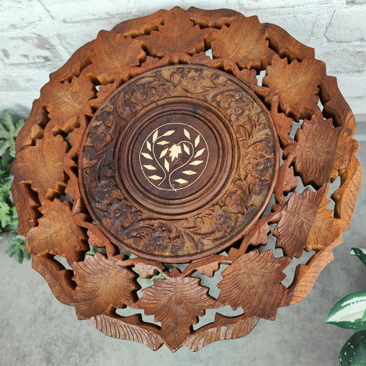 Tea table wood carving with inlays flower stool flower table tripod leaves oriental side table openwork wooden table Indian