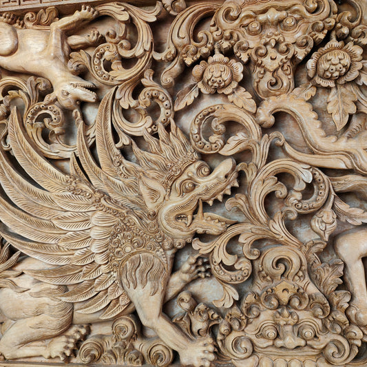 Large mural 3D mythological motif wood carving relief Garuda Ganesha Barong Asia Bali Thailand Indonesia hand-carved Asian art