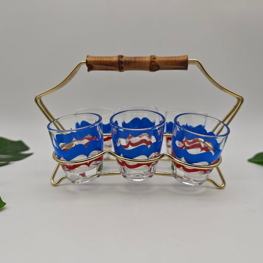 6x shot glasses in holder String Era Mid Century gold-colored shot glasses 50s 60s stamper brass carrier wire liqueur glass party rockabilly