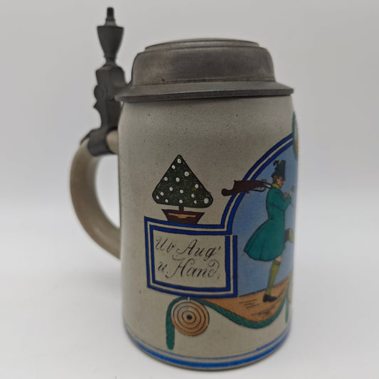 Beer mug "Practice eye and hand for the fatherland" antique tin lid reservists rifle club beer stein stoneware beer mug Germany imperial era