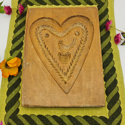 Springerle form wooden model baking form antique heart oak carved flower bouquet peacock bird lily of the valley roses decoration country house