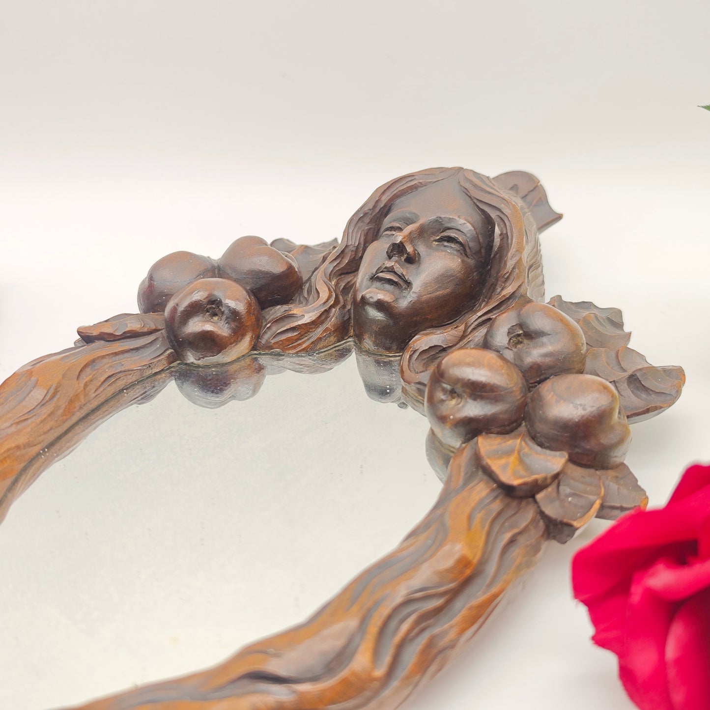 Hand mirror wood Art Nouveau carving Vanity Beauty dressing table boudoir Bridesmaid bride French antique Snow White fairytale mirror