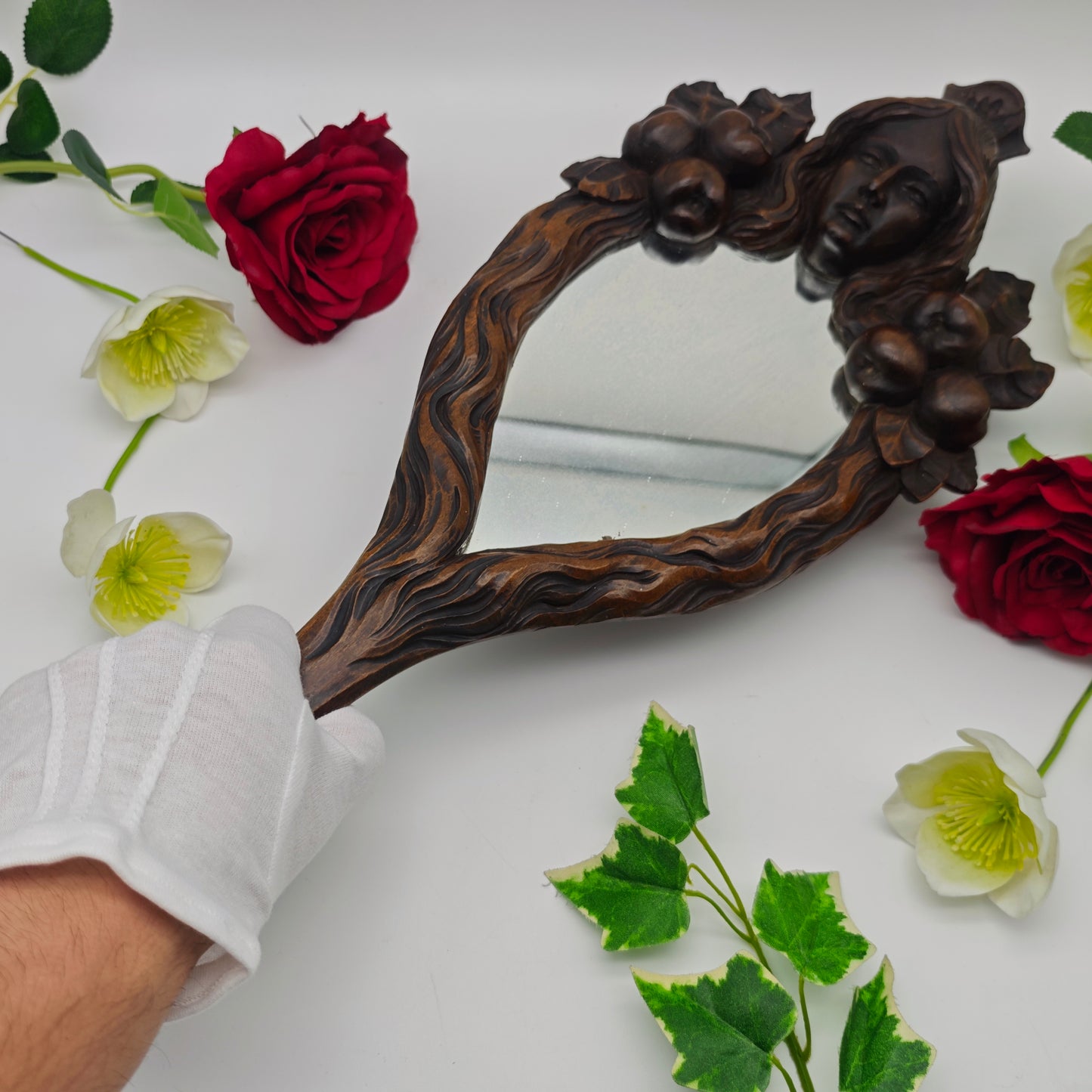 Hand mirror wood Art Nouveau carving Vanity Beauty dressing table boudoir Bridesmaid bride French antique Snow White fairytale mirror