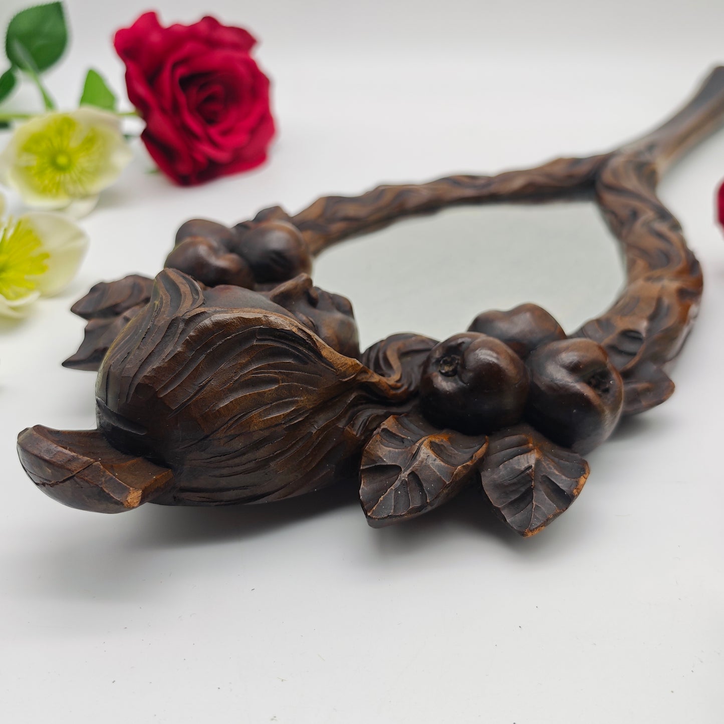 Hand mirror wood Art Nouveau carving Vanity Beauty dressing table boudoir Bridesmaid bride French antique Snow White fairytale mirror