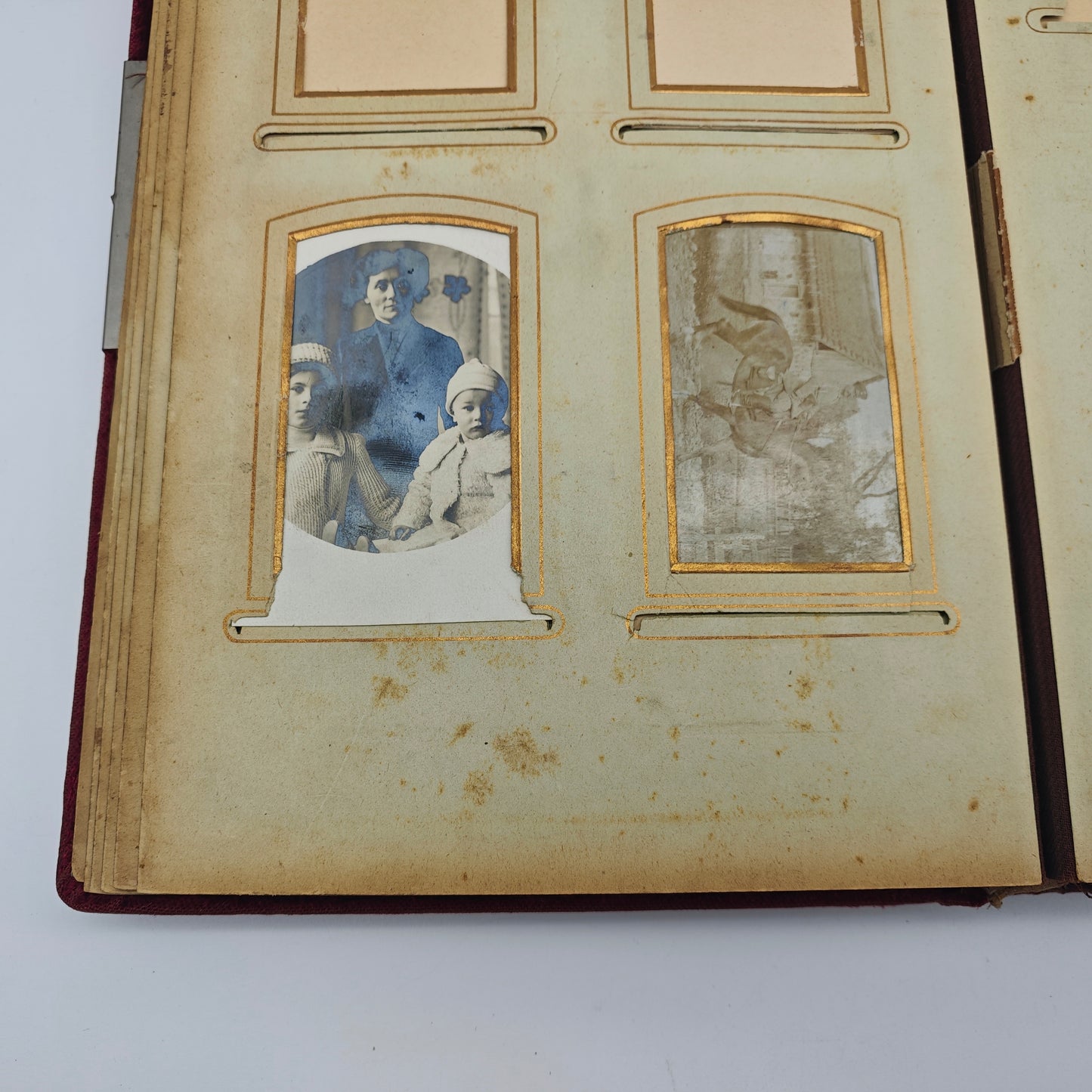 Cabinet photo album Art Nouveau application copper velvet red photos 1900 soldiers wedding civil imperial era gold edge gold edge antique nostalgia