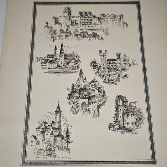 5 etchings Romantic Heidelberg & Neckar Valley by Otto W. Pfitzer Castle Art Zwingenberg Castle Hirschhorn Panorama Bank Neckargemünd Neckarsteinach