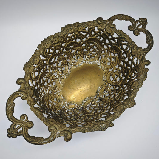 Bol à fruits en laiton massif vintage Hollywood Regency, corbeille à fruits baroque, confiserie ovale, bol à offrande doré, porte-clés, fleurs