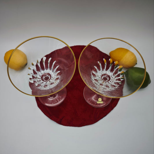 2x Verre à Martini bord doré modèle dragon verre cristal au plomb cristal taillé à la main verres à cocktail vintage du milieu du siècle Hollywood Regency