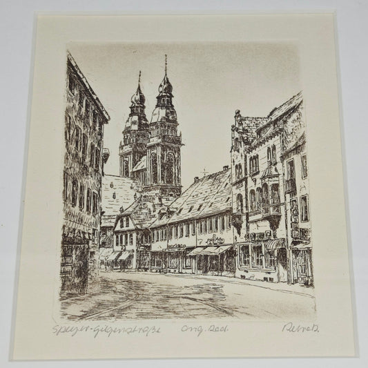 Etching Speyer Gilgenstraße signed framed mural souvenir St. Joseph Church Rhineland-Palatinate