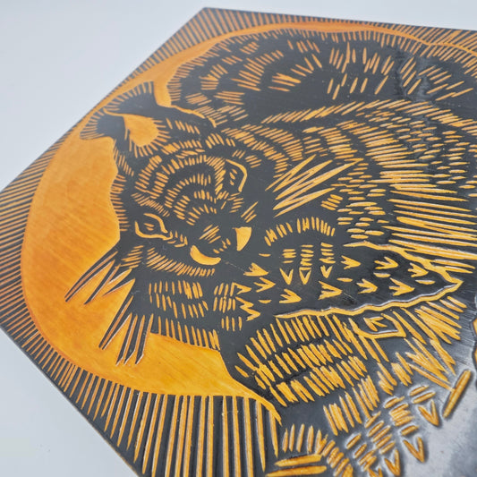 Wooden picture squirrel hand-carved mural painted black midcentury wall hanging