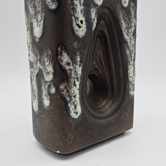 Eckige Fat Lava Vase braun weiß ES Keramik 661-20 Emons & Söhne Lochvase Ikebana WGP West German Pottery