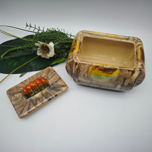 Ceramic jar with lid beige-brown lidded jar bonbonniere color field decor