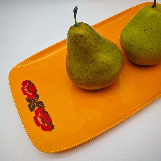 Servierplatte Kunststoff orange 70er Blumenmuster kalte Platte Retro Buffet Snacktablett Mid Century Deko 31 cm vintage