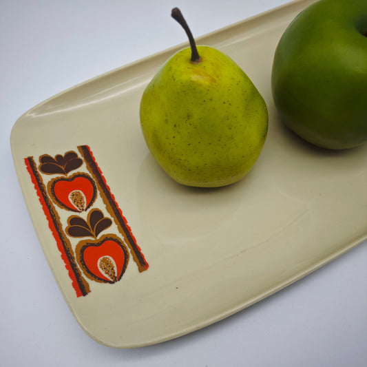 Servierplatte Kunststoff beige 70er Blumenmuster kalte Platte Retro Buffet Snacktablett Mid Century Deko 31 cm vintage