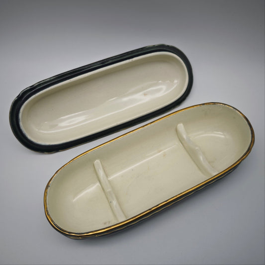 Sarreguemines Keramikdose Vintage grün gold Deckeldose Fischdose Hering Butterdose Unterteilung Frankreich 22 cm Art Deco