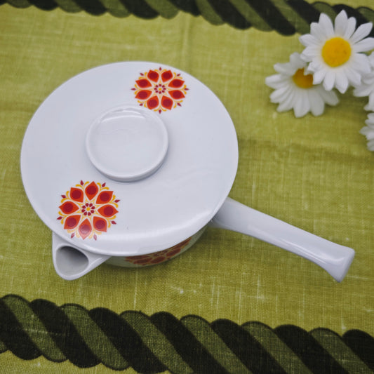 Vintage Sauciere Keramik weiß mit Blütenmotiv rot gelb Mid Century 17 cm Serviertopf mit Deckel Retro Pottery 60er 70er