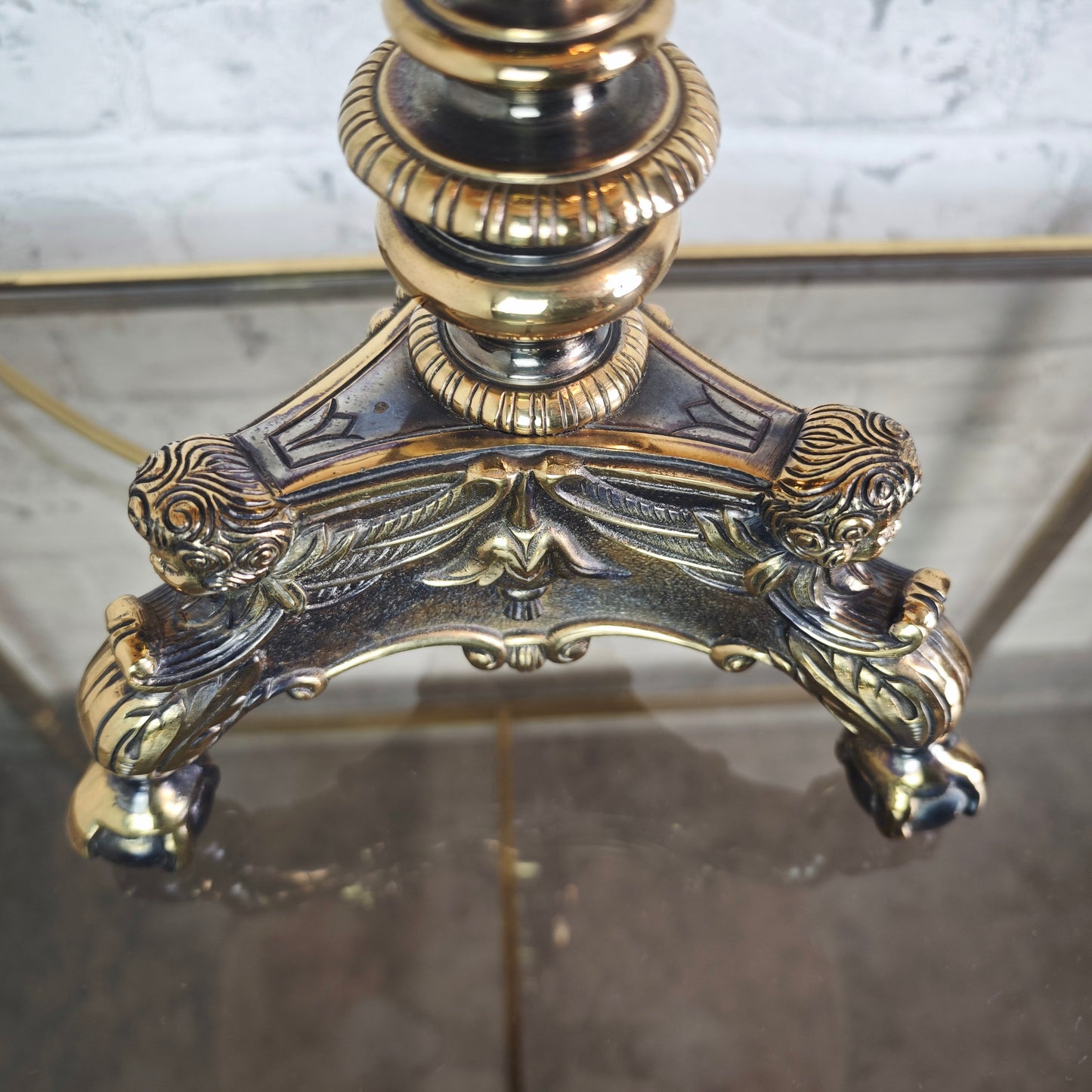 Table lamp brass Empire style with fabric shade and claw feet Hollywood Regency Vintage Baroque light