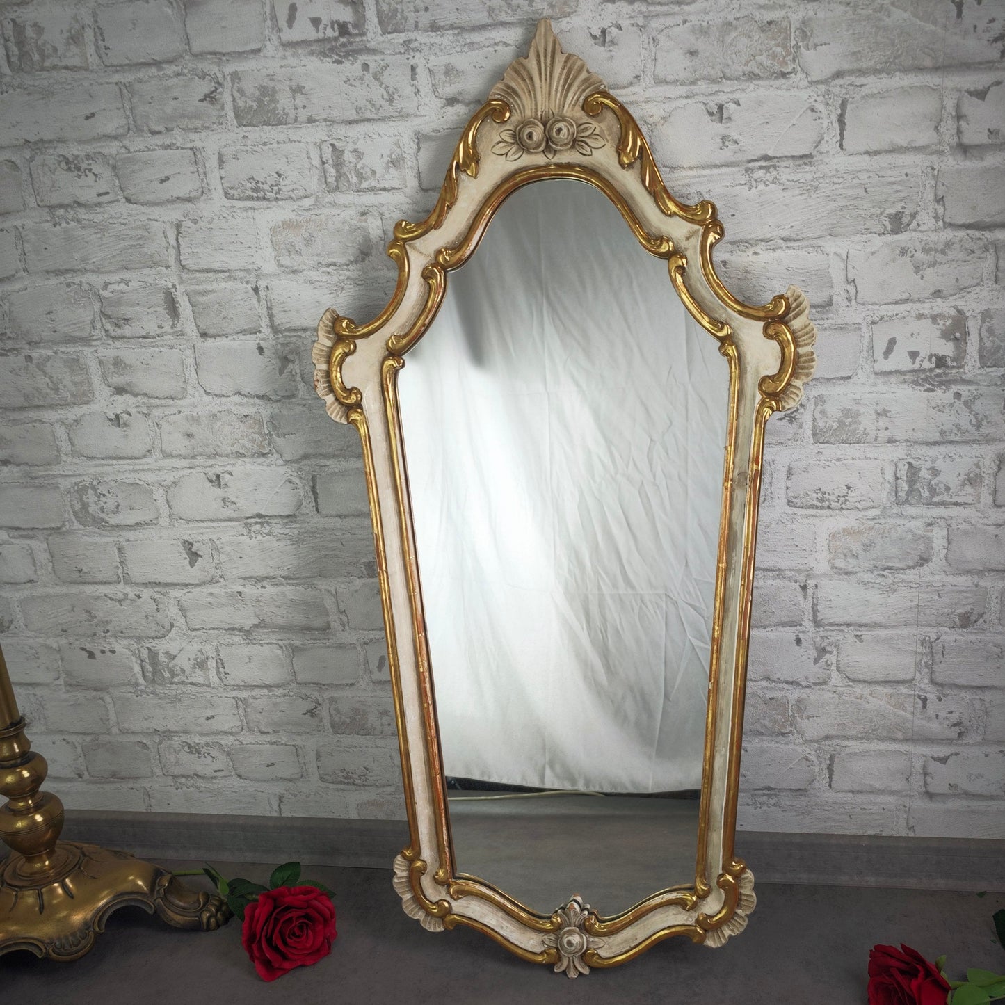 Miroir mural baroque blanc or sculpté roses 89x47 cm style shabby chic rococo vintage