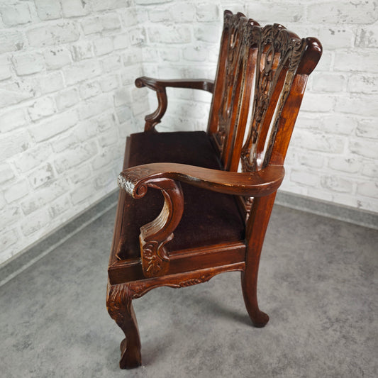 Doll's bench Art Nouveau wood hand-carved with brown velvet upholstery antique furniture miniature handmade