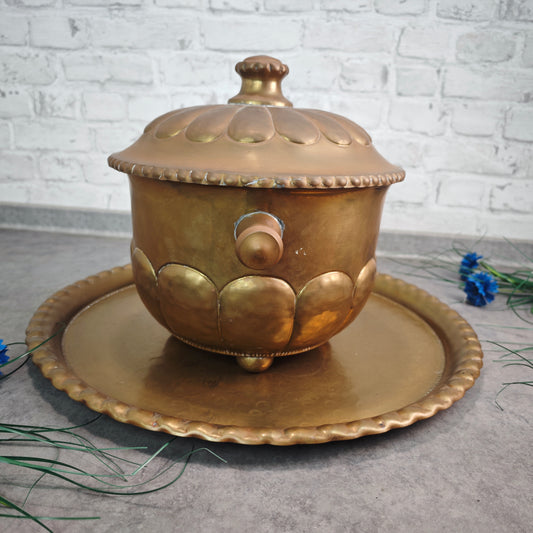 Antiker Bowletopf mit Tablett Messing EG Co. Ø 50 cm Jugendstil Art Deco dekorativ