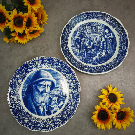 Boch Frères Wandteller Set blau-weiß Delft Bauernmotiv & Pfeifenraucher 35 cm Porzellan