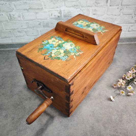 Antike Butterschleuder Holz mit Kurbel und Blumenmotiv Butterfass Landhausdeko Vintage