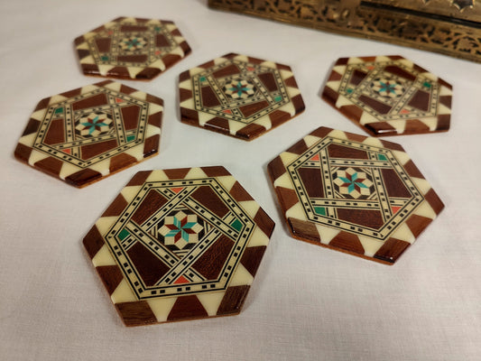 6x glass coasters wood inlay star coaster set 6 pieces vintage Italian tile style inlay hexagon oriental smooth shiny tile
