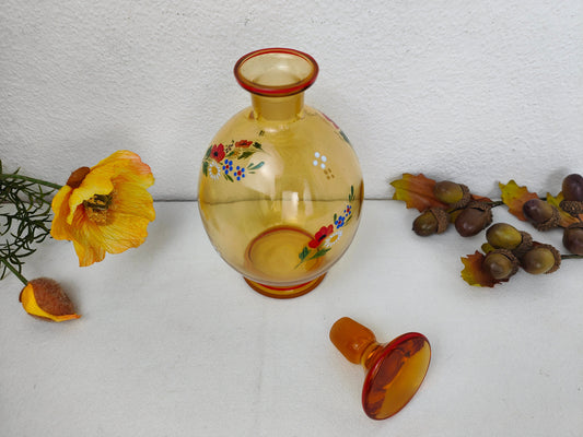 Antique glass carafe glass bottle hand-painted poppy flowers orange stopper vessel vintage cottagecore farmhouse nostalgia light academia decanter glass art