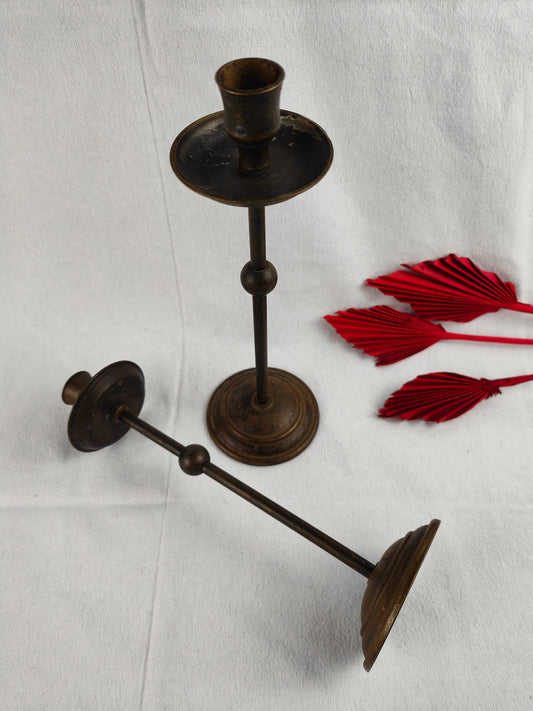 2x candlesticks with ball brass bronze metal altar shrine pair set candle holder witch space age wicca Art Deco candlestick antique look