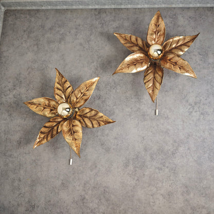 Applique murale vintage Massive 4963/01 lampe florale à feuilles d'or années 70 style Hollywood Regency feuilles en laiton belge