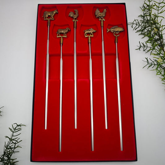 6x shashlik skewers grill skewers metal with animal figure cow sheep rooster wild boar partridge fish punch fondue