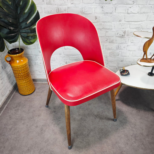 Midcentury Stuhl 50er Jahre rot Kunstleder Rockabilly Diner Atomic Age Vintage Retro Möbel Stuhl Holzbeine