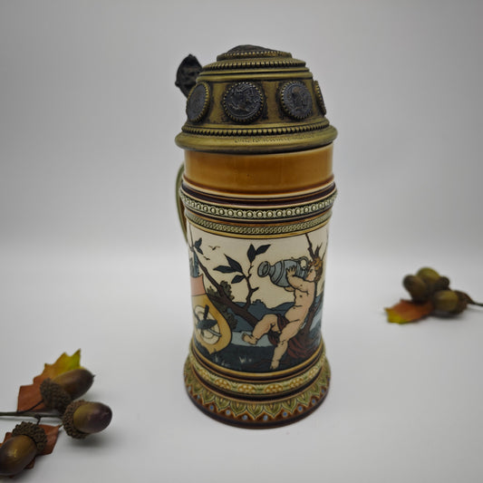 Villeroy & Boch Mettlach Bierkrug 1396 Bacchusmotiv Putti Jugendstil Keramik Reliefkrug Bierstein