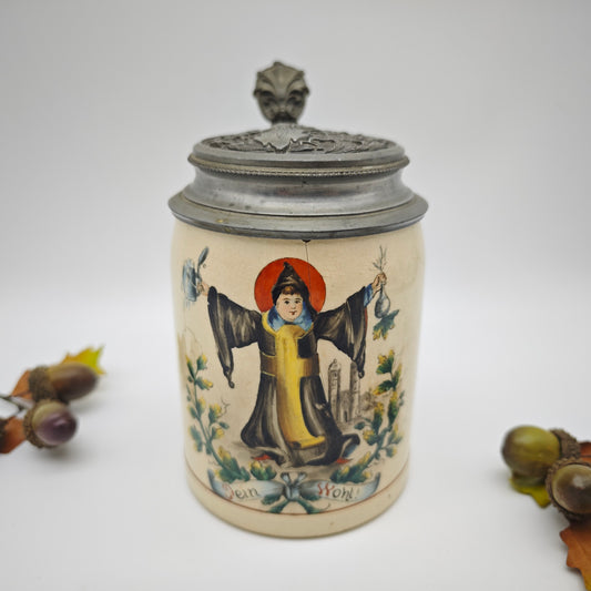 Antiker Bierkrug Münchner Kindl handbemalt Zinndeckel Monogramm JH