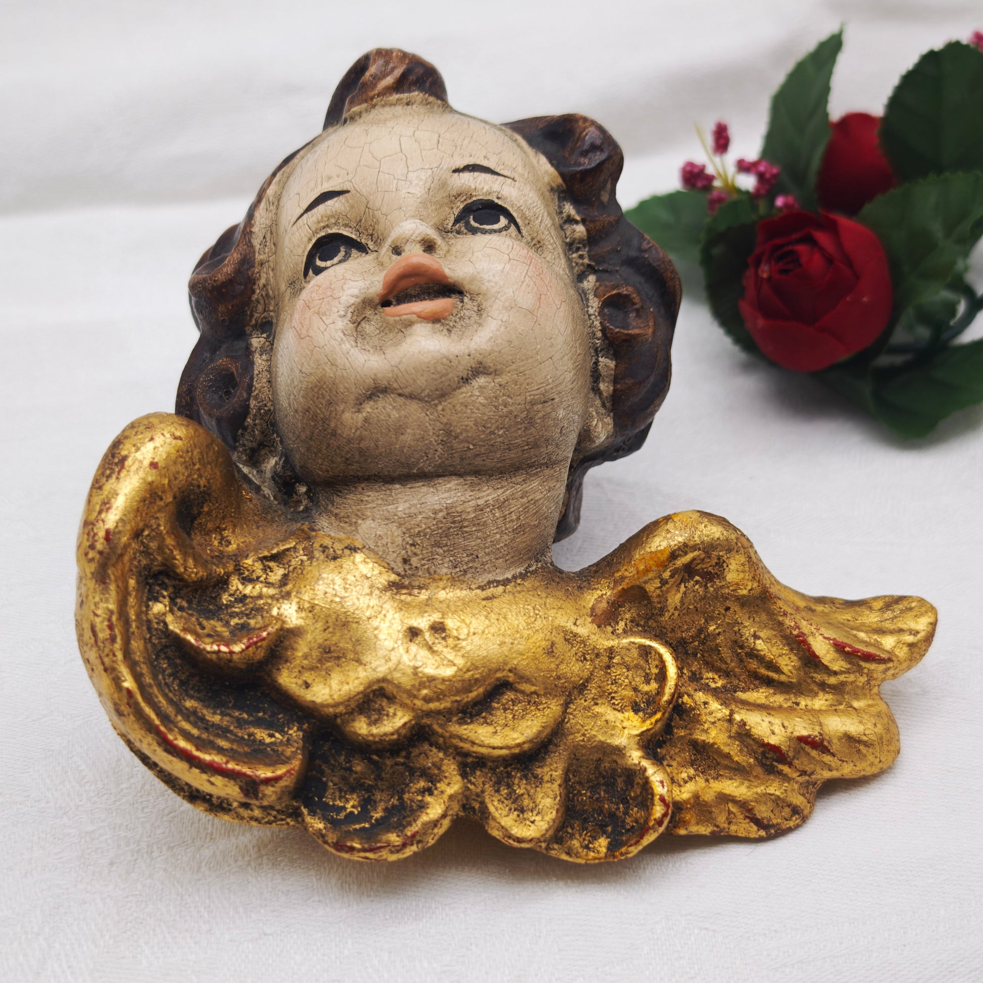 Antike Putte aus Holz vergoldet braun weiß Barock Engel Wandfigur Dekoration Vintage Wanddeko